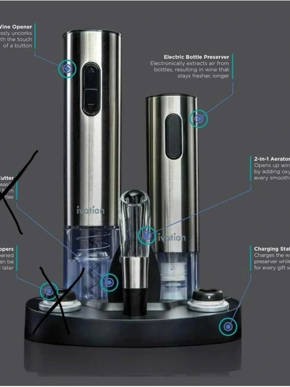 Stainless Steel Electric Wine Opener & Accessories Set - Silver